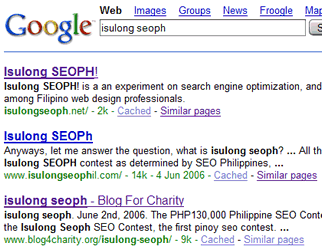 Google search results for 'isulong seoph' for June 7, 2006.