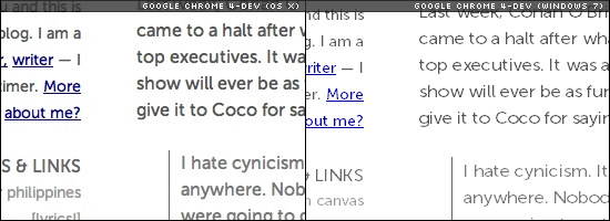 Image of text rendering sample of Google Chrome on OS X and Windows 7.