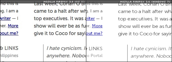 Image of text rendering sample of Mozilla Firefox on OS X and Windows 7.