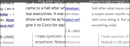 Image of text rendering sample of Apple Safari 4 on OS X and Internet Explorer 8 on Windows 7.